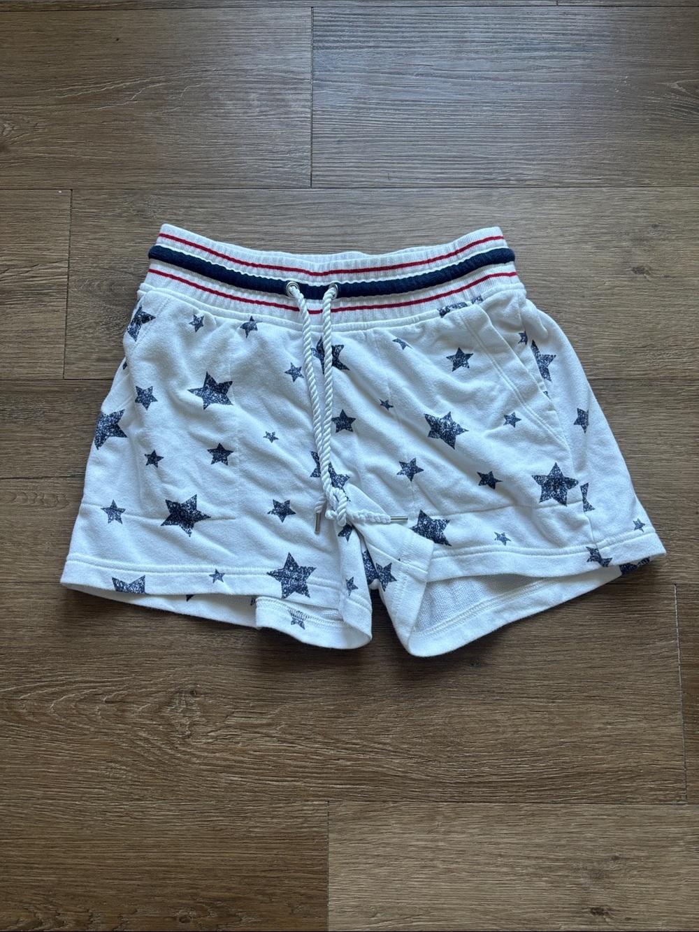White Star Print Lounge Shorts with Navy & Red Waistband